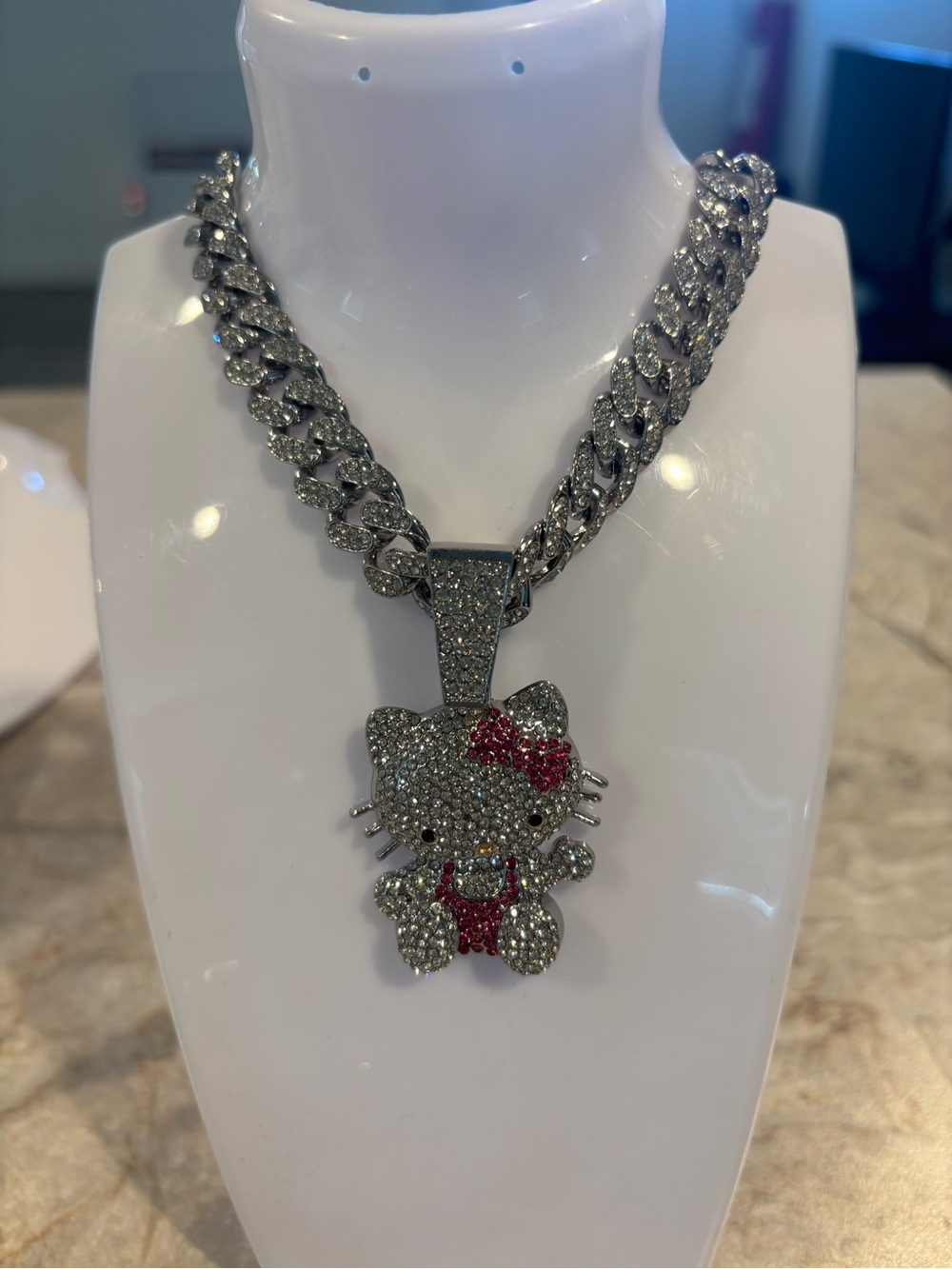Crystal Hello Kitty Pendant Necklace - Silver with Pink Accents